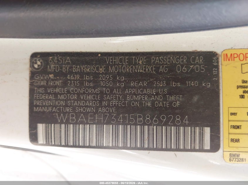 2005 BMW 6 series VIN WBAEH73415B869284 IAAI salvage auction — FRONT END, Clear (Arizona), sold $25 on 2026-07-21 (photo 9)