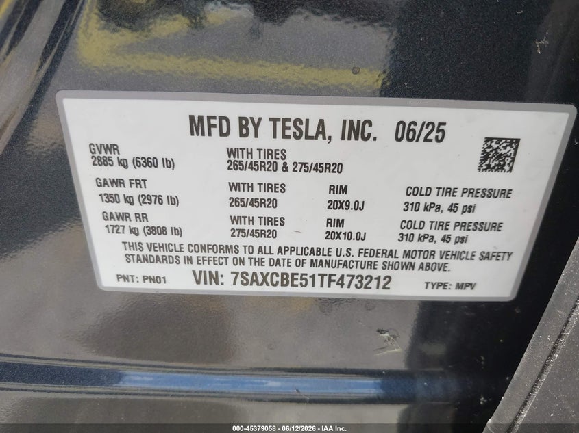 2026 Tesla Model x VIN 7SAXCBE51TF473212 IAAI salvage auction — VANDALISM, Salvage Title, sold $38,250 on 2026-07-23 (photo 9)