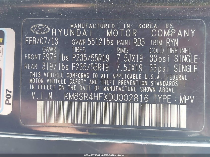 2013 Hyundai Santa fe VIN KM8SR4HFXDU002816 IAAI salvage auction — NORMAL WEAR, Clear (Florida), sold $1,000 on 2026-07-16 (photo 9)