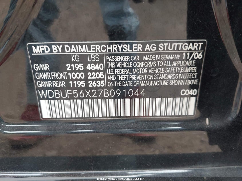2007 Mercedes-benz E-class VIN WDBUF56X27B091044 IAAI salvage auction — NORMAL WEAR, Clear (Alabama), sold $600 on 2026-07-08 (photo 9)