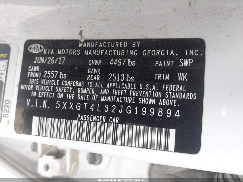 2018 Kia Optima VIN 5XXGT4L32JG199894 IAAI salvage auction — FRONT END, Salvage (Texas), sold $2,650 on 2026-07-15 (photo 9)