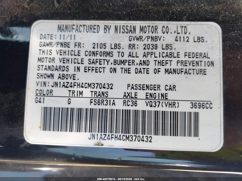 2012 Nissan 370z VIN JN1AZ4FH4CM370432 IAAI salvage auction — HAIL, Salvage (Ohio), sold $2,300 on 2026-07-07 (photo 9)