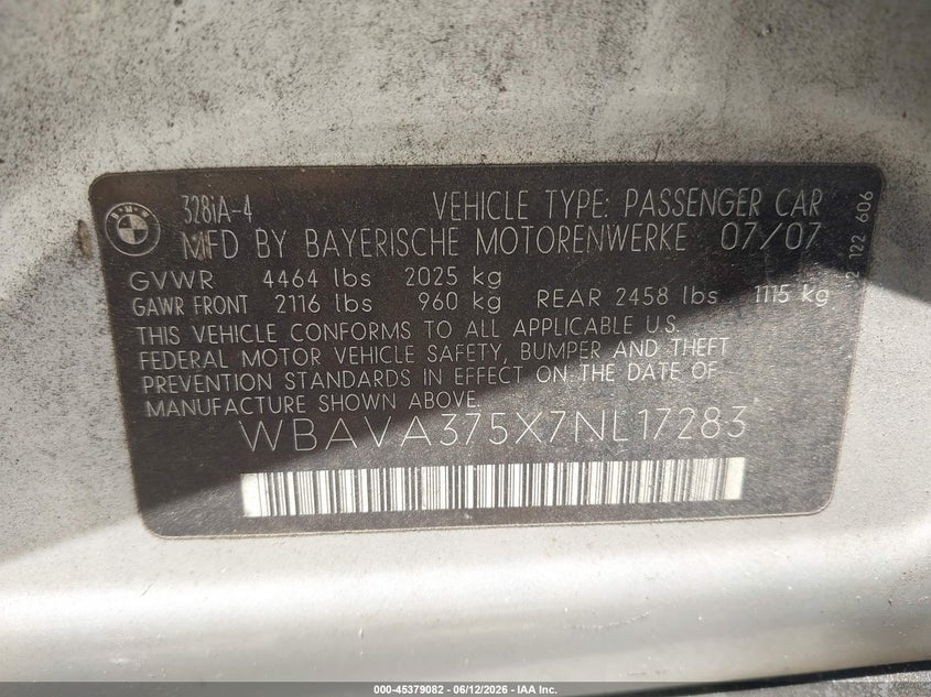 2007 BMW 3 series VIN WBAVA375X7NL17283 IAAI salvage auction — NORMAL WEAR, Repossession Paperwork (Georgia), sold $350 on 2026-07-16 (photo 9)