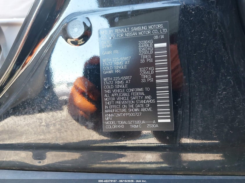 2015 Nissan Rogue VIN KNMAT2MTXFP500727 IAAI salvage auction — SIDE, Salvage (Pennsylvania), sold $1,225 on 2026-07-17 (photo 9)