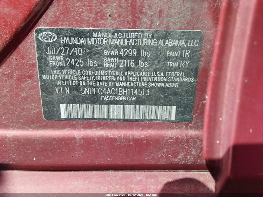 2011 Hyundai Sonata VIN 5NPEC4AC1BH114513 IAAI salvage auction — NORMAL WEAR, Clear (Maryland), sold $650 on 2026-07-16 (photo 9)