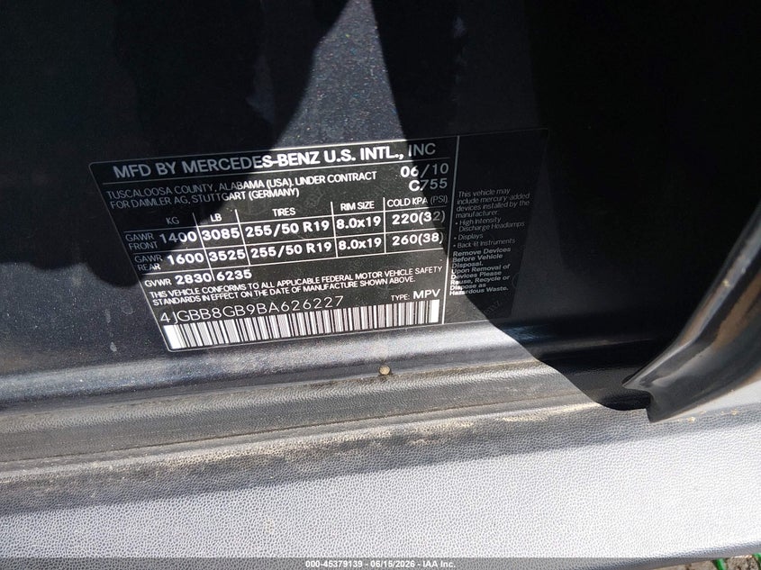 2011 Mercedes-benz Ml-class VIN 4JGBB8GB9BA626227 IAAI salvage auction — NORMAL WEAR, Clear (Colorado), sold $750 on 2026-07-18 (photo 9)