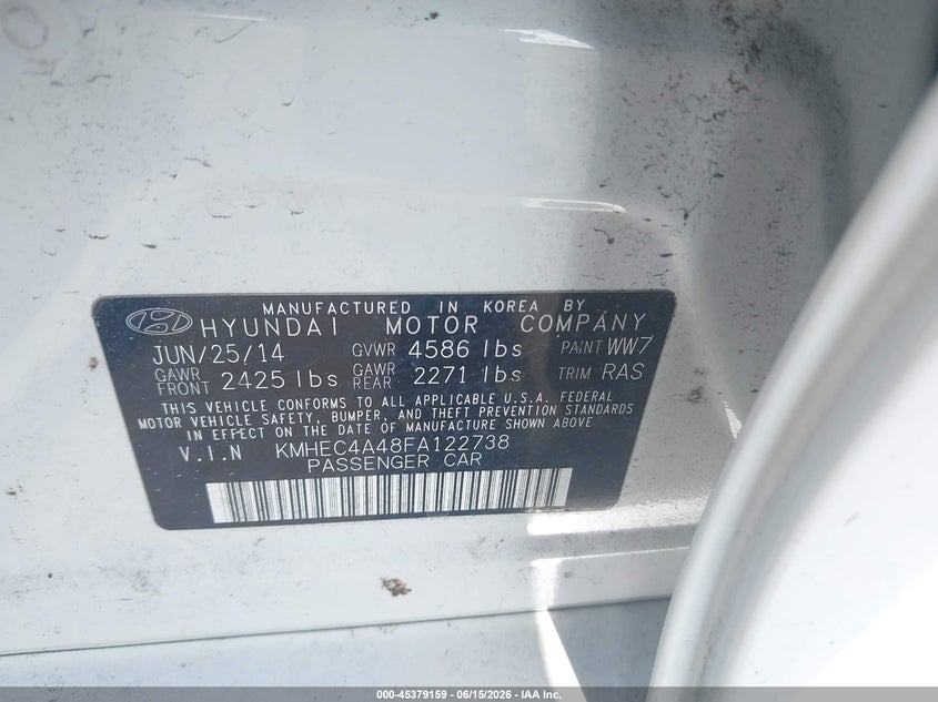 2015 Hyundai Sonata hybrid VIN KMHEC4A48FA122738 IAAI salvage auction — RIGHT SIDE, Clear (Florida), sold $700 on 2026-07-28 (photo 9)