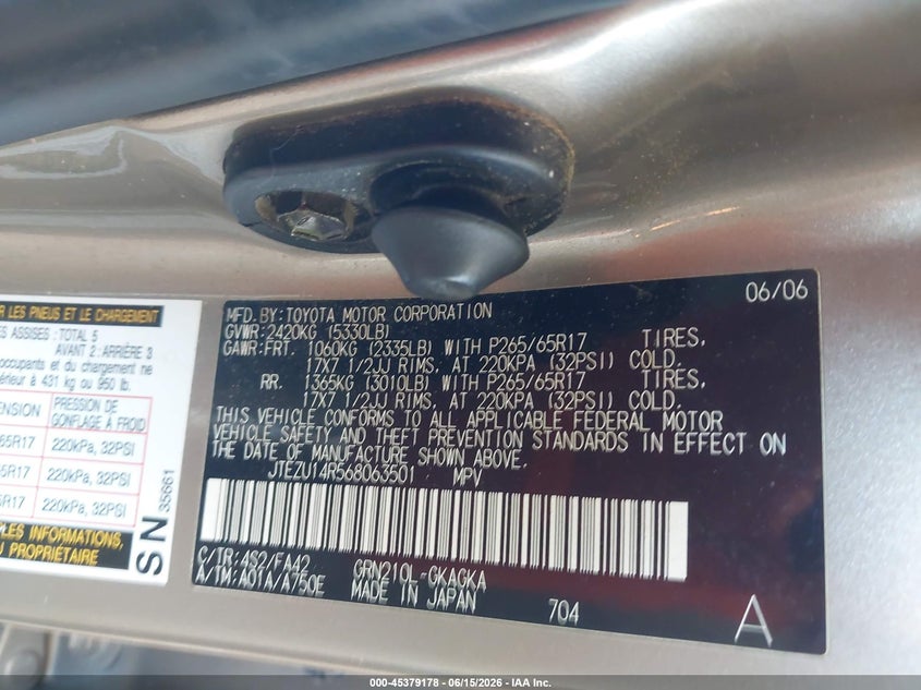 2006 Toyota 4runner VIN JTEZU14R568063501 IAAI salvage auction — FRONT END, Clear (Arizona), sold $2,100 on 2026-07-07 (photo 9)