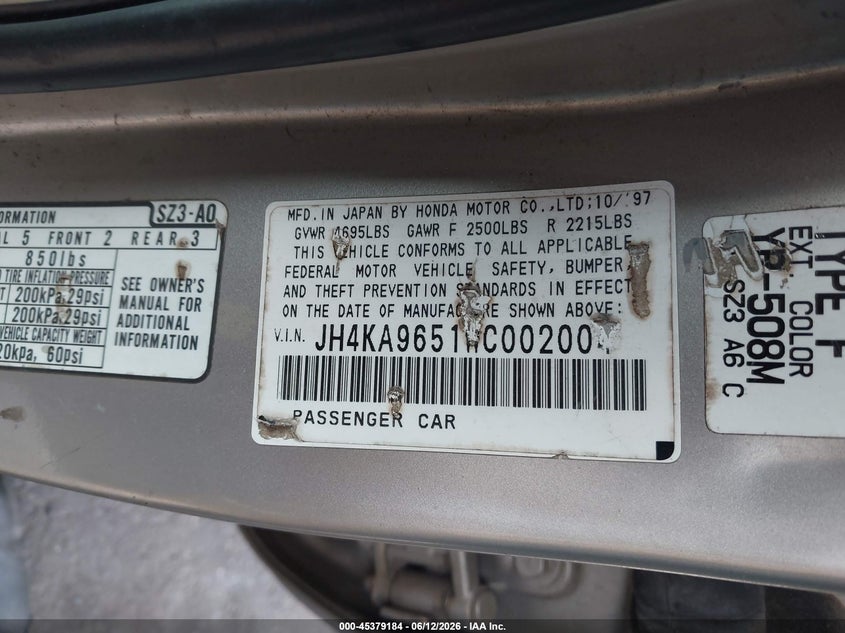 1998 Acura Rl VIN JH4KA9651WC002004 IAAI salvage auction — REAR END, Repossession Paperwork (Georgia), sold $25 on 2026-07-22 (photo 9)