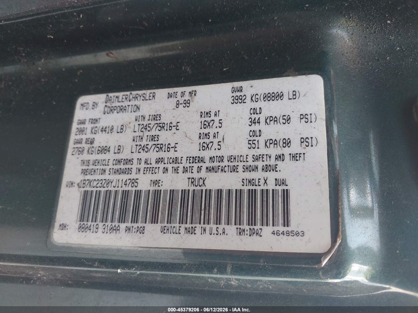 2000 Dodge Ram 2500 VIN 1B7KC23Z0YJ114785 IAAI salvage auction — NORMAL WEAR, Clear (Florida), sold $500 on 2026-07-09 (photo 9)