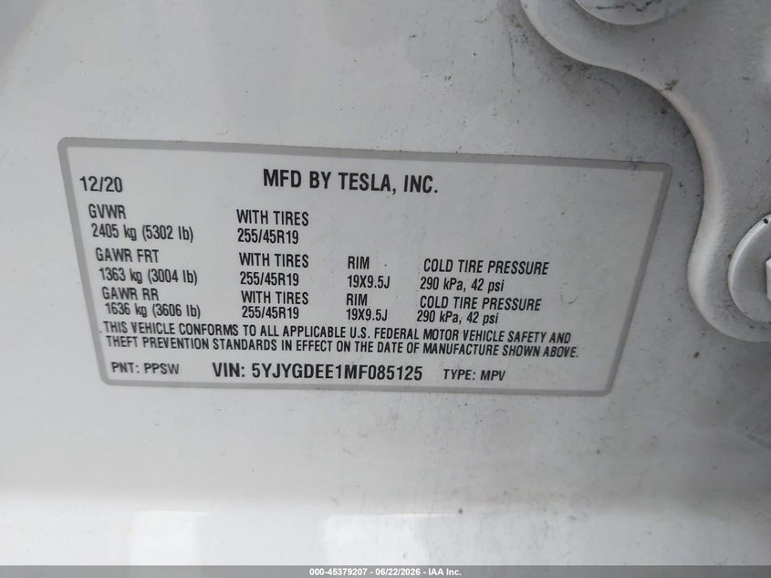 2021 Tesla Model y VIN 5YJYGDEE1MF085125 IAAI salvage auction — LEFT SIDE, Salvage (New Jersey), sold $1,350 on 2026-07-23 (photo 9)