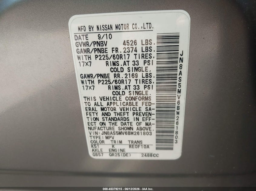 2011 Nissan Rogue VIN JN8AS5MV6BW261803 IAAI salvage auction — NORMAL WEAR, Clear (Maryland), sold $125 on 2026-07-28 (photo 9)