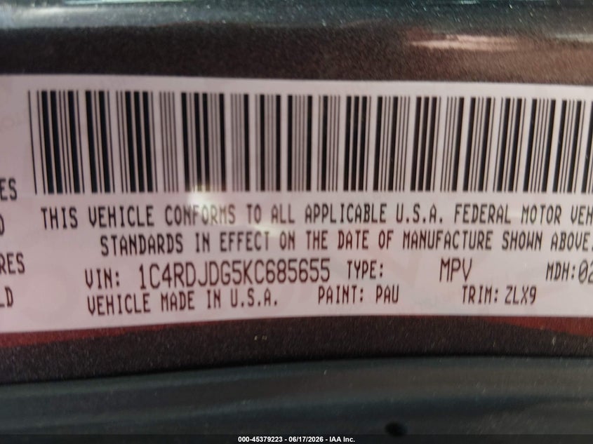 2019 Dodge Durango VIN 1C4RDJDG5KC685655 IAAI salvage auction — FRONT END, Salvage Title, sold $4,650 on 2026-08-02 (photo 9)