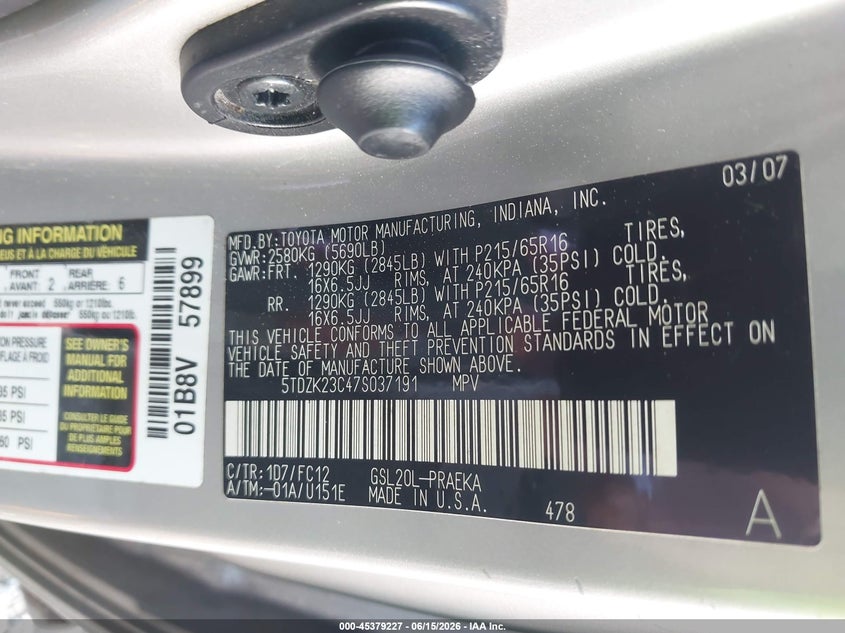 2007 Toyota Sienna VIN 5TDZK23C47S037191 IAAI salvage auction — RIGHT SIDE, Salvage (Georgia), sold $650 on 2026-07-14 (photo 9)