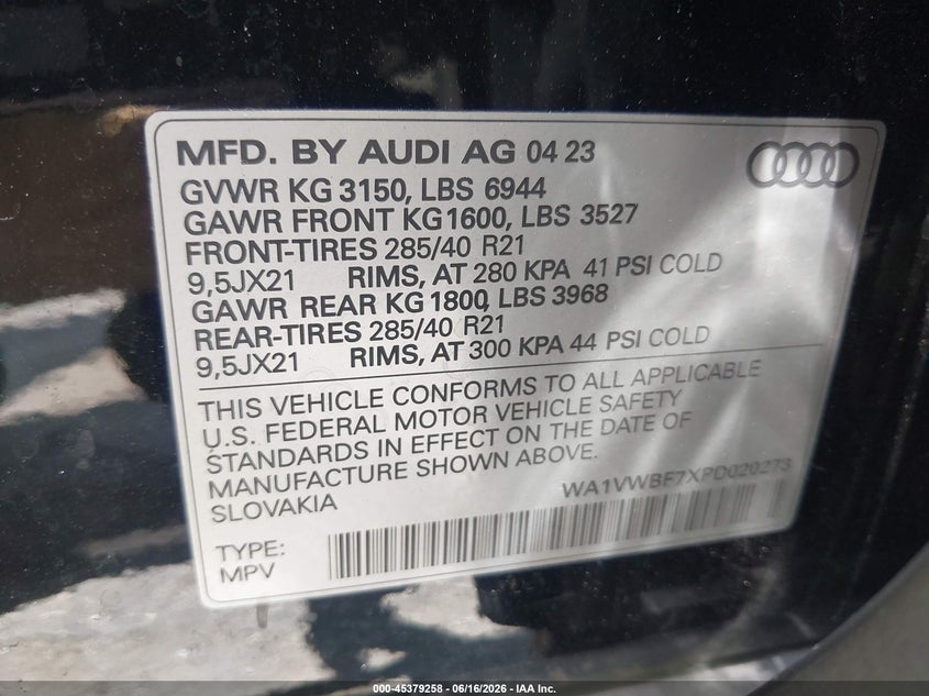 2023 Audi Sq7 VIN WA1VWBF7XPD020273 IAAI salvage auction — REAR END, Wait Title, sold $42,850 on 2026-08-24 (photo 9)