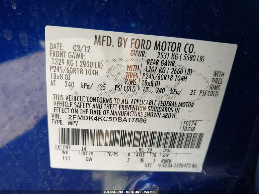 2013 Ford Edge VIN 2FMDK4KC5DBA17886 IAAI salvage auction — FRONT END, Salvage (Idaho), sold $500 on 2026-07-10 (photo 9)