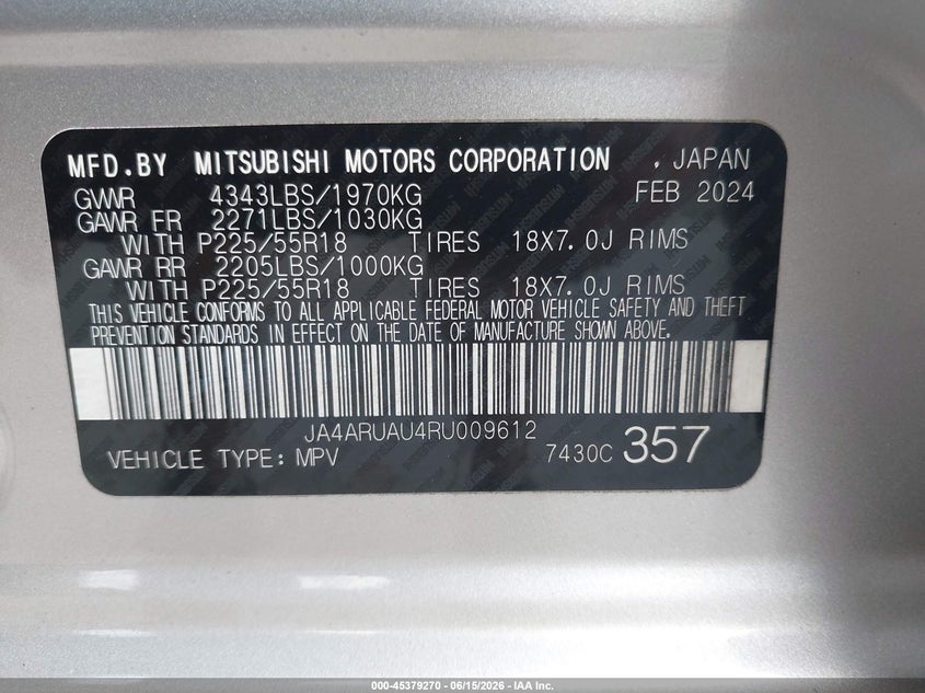 2024 Mitsubishi Outlander VIN JA4ARUAU4RU009612 IAAI salvage auction — SIDE, Salvage (Pennsylvania), sold $5,300 on 2026-07-22 (photo 9)