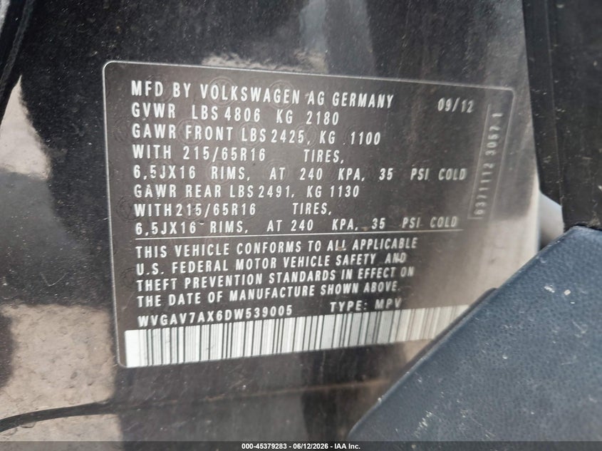 2013 Volkswagen Tiguan VIN WVGAV7AX6DW539005 IAAI salvage auction — REAR END, Salvage Title, sold $400 on 2026-08-18 (photo 9)