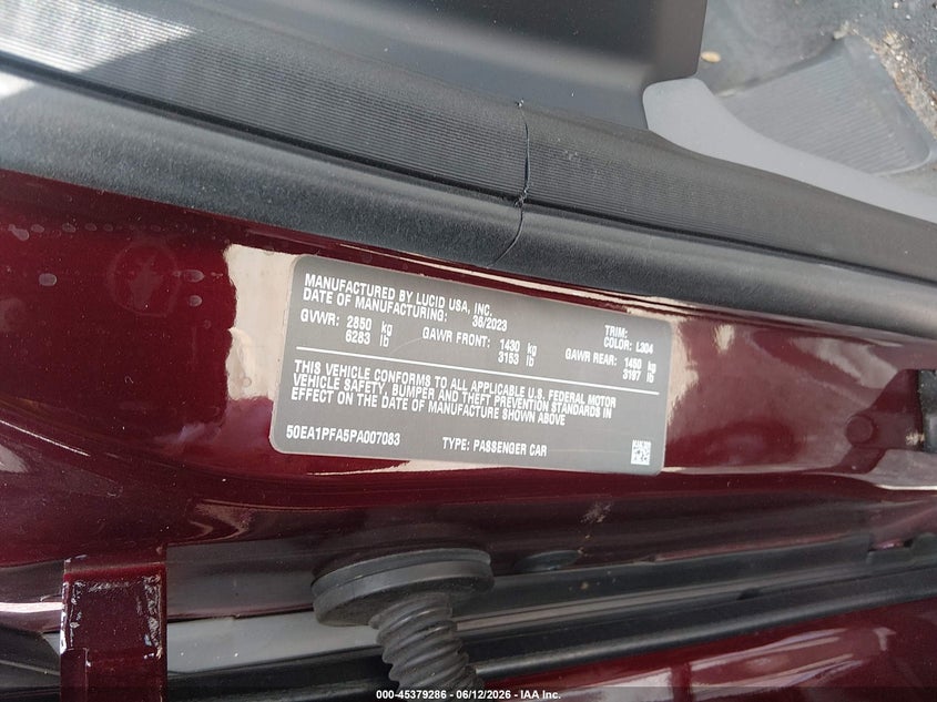 2023 Lucid Air VIN 50EA1PFA5PA007083 IAAI salvage auction — REAR END, Salvage Title, sold $17,600 on 2026-08-06 (photo 9)