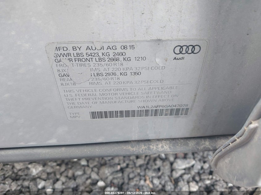 2016 Audi Q5 VIN WA1L2AFP6GA047078 IAAI salvage auction — NORMAL WEAR, Clear (New York), sold $1,000 on 2026-07-21 (photo 9)