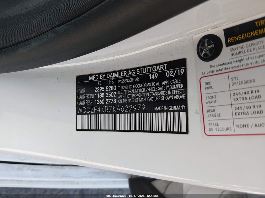 2019 Mercedes-benz E-klasse VIN WDDZF4KB7KA622979 IAAI salvage auction — SIDE, Salvage (Colorado), sold $11,350 on 2026-08-04 (photo 9)
