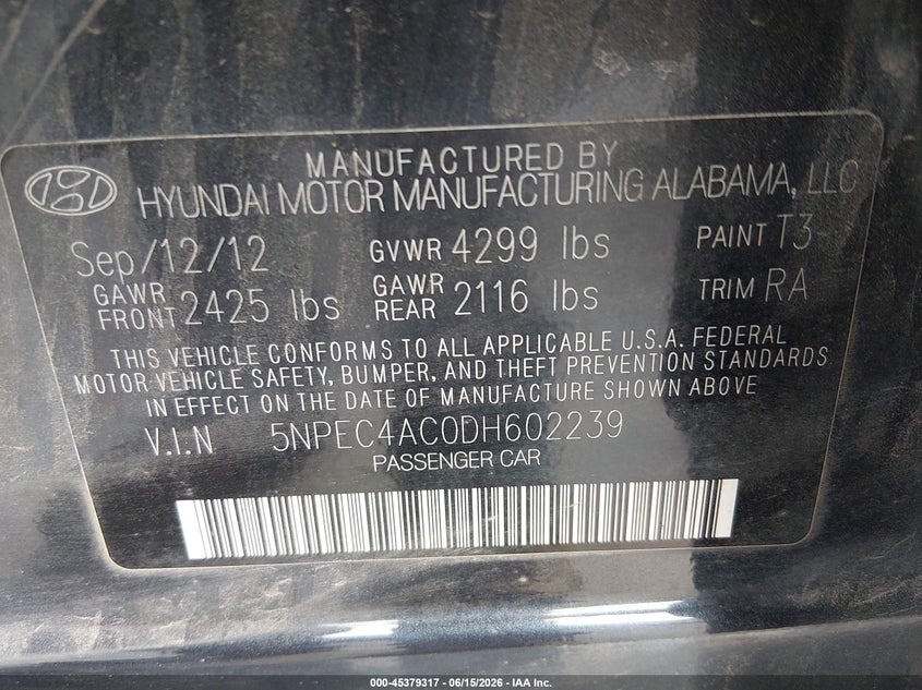 2013 Hyundai Sonata VIN 5NPEC4AC0DH602239 IAAI salvage auction — LEFT SIDE, Salvage (Pennsylvania), sold $1,000 on 2026-07-15 (photo 9)