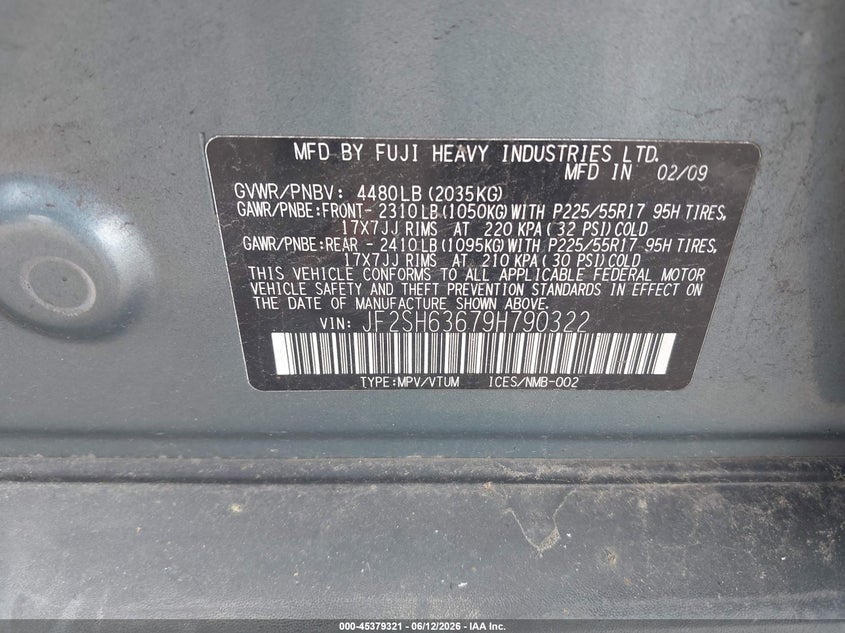 2009 Subaru Forester VIN JF2SH63679H790322 IAAI salvage auction — RIGHT SIDE, Salvage (Pennsylvania), sold $25 on 2026-07-10 (photo 9)