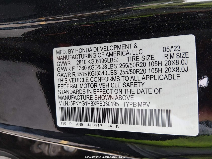 2023 Honda Pilot VIN 5FNYG1H8XPB030195 IAAI salvage auction — FRONT END, Salvage (Idaho), sold $8,400 on 2026-07-29 (photo 9)