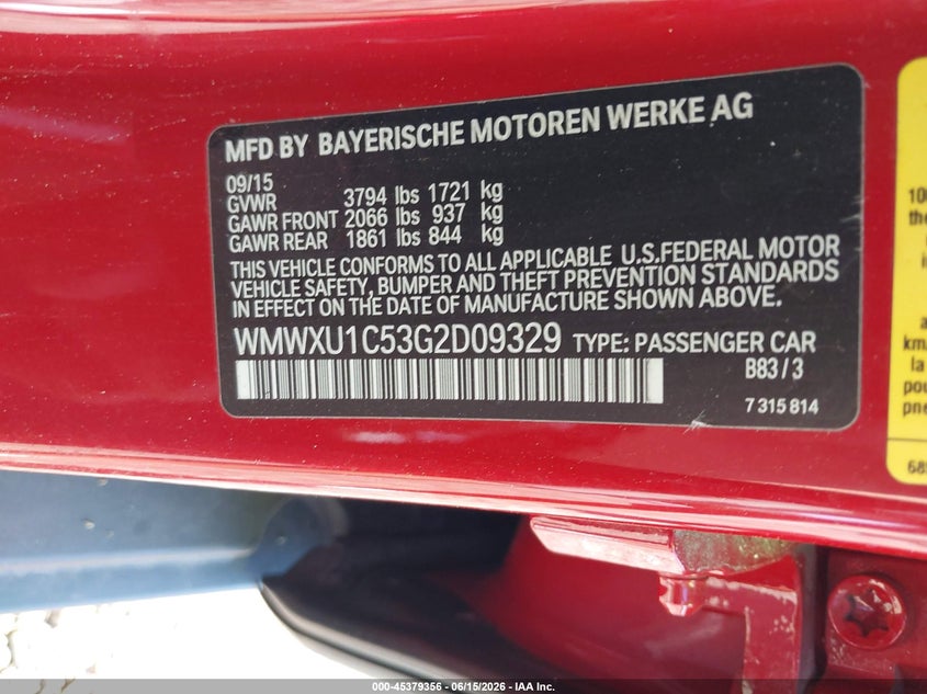 2016 Mini Hard top VIN WMWXU1C53G2D09329 IAAI salvage auction — REAR END, Mv-907A (New York), sold $1,550 on 2026-07-07 (photo 9)