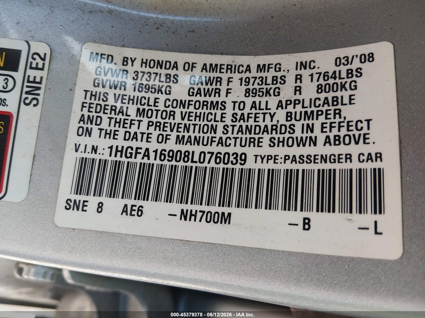 2008 Honda Civic VIN 1HGFA16908L076039 IAAI salvage auction — SIDE, Clear (Indiana), sold $625 on 2026-07-24 (photo 9)