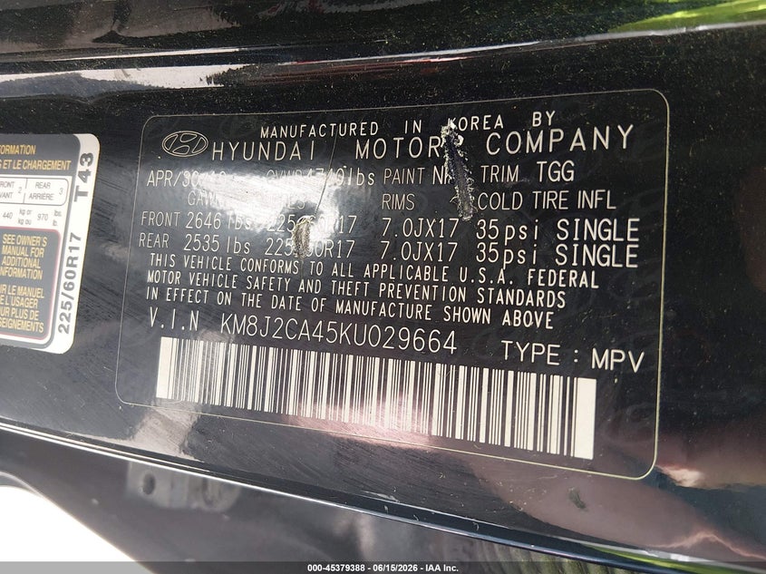 2019 Hyundai Tucson VIN KM8J2CA45KU029664 IAAI salvage auction — HAIL, Salvage (Ohio), sold $4,050 on 2026-07-21 (photo 9)