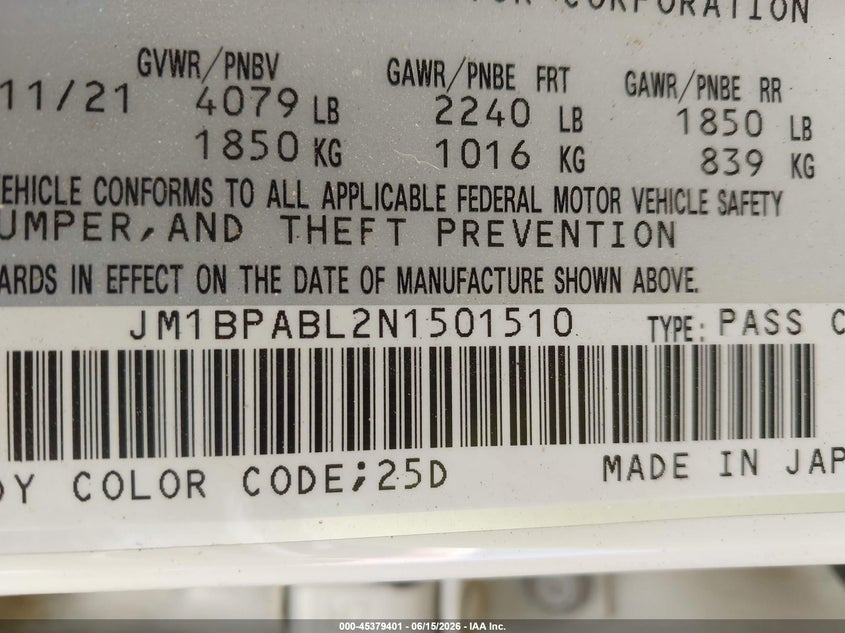 2022 Mazda 3 VIN JM1BPABL2N1501510 IAAI salvage auction — FRONT END, Salvage (North Carolina), sold $3,200 on 2026-07-09 (photo 9)