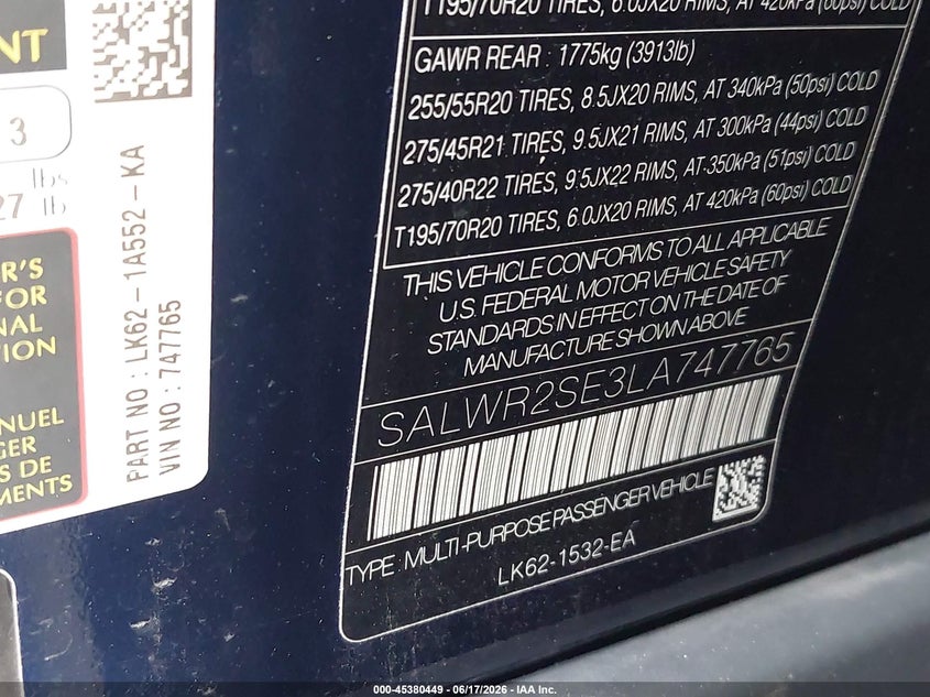 2020 Land rover Range rover sport VIN SALWR2SE3LA747765 IAAI salvage auction — FRONT & REAR, Salvage Title, sold $16,600 on 2026-07-15 (photo 9)