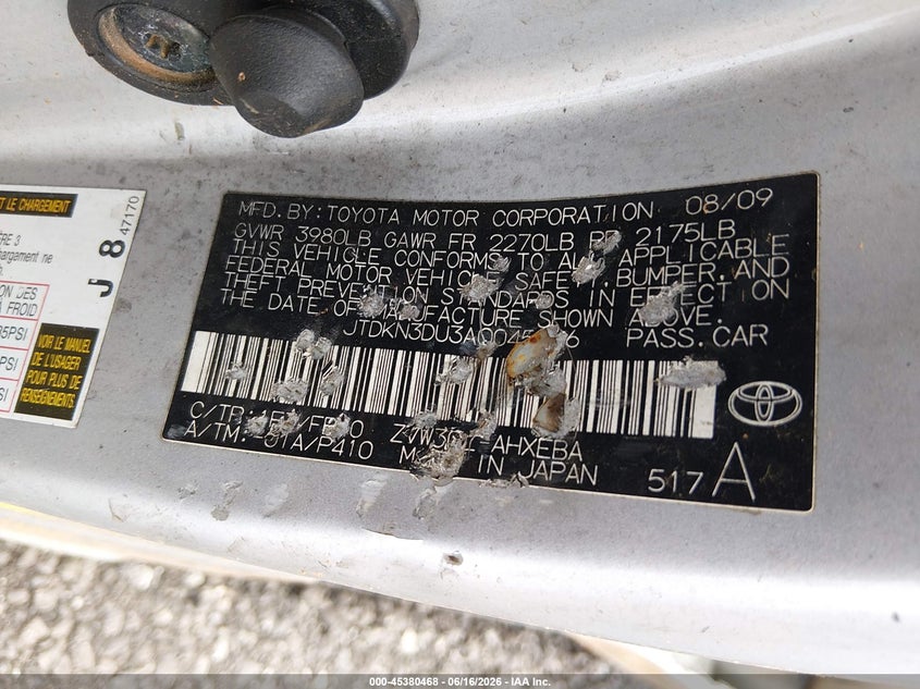 2010 Toyota Prius VIN JTDKN3DU3A0045606 IAAI salvage auction — THEFT, Salvage (South Carolina), sold $300 on 2026-07-14 (photo 9)