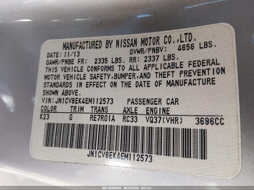 2014 Infiniti Q60 VIN JN1CV6EK4EM112573 IAAI salvage auction — REAR END, Salvage (North Carolina), sold $2,550 on 2026-07-22 (photo 9)