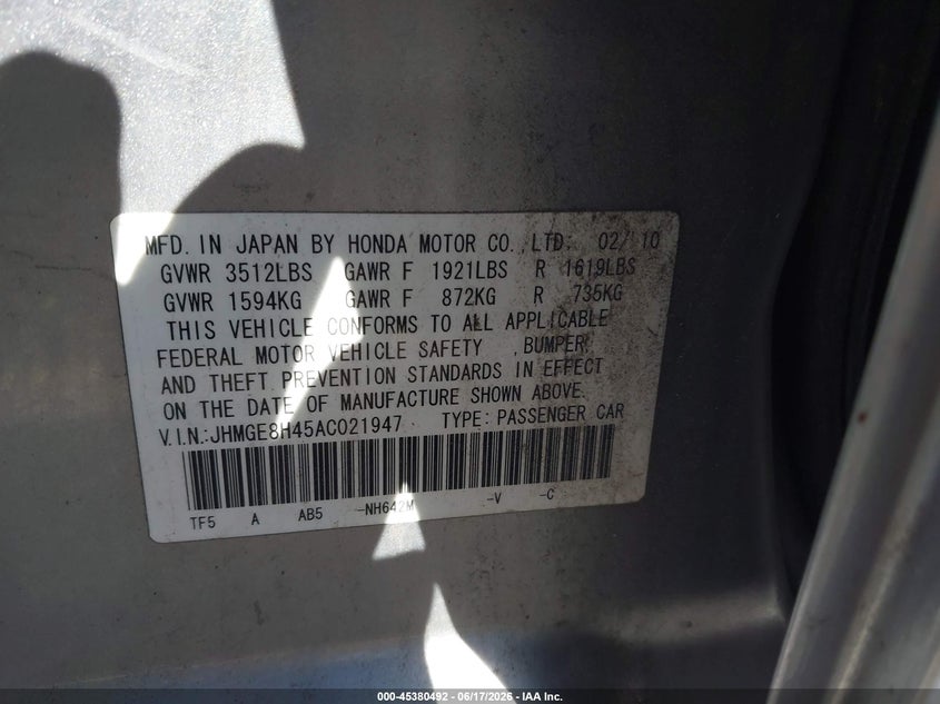 2010 Honda Fit VIN JHMGE8H45AC021947 IAAI salvage auction — NORMAL WEAR, Clear (New York), sold $625 on 2026-07-15 (photo 9)