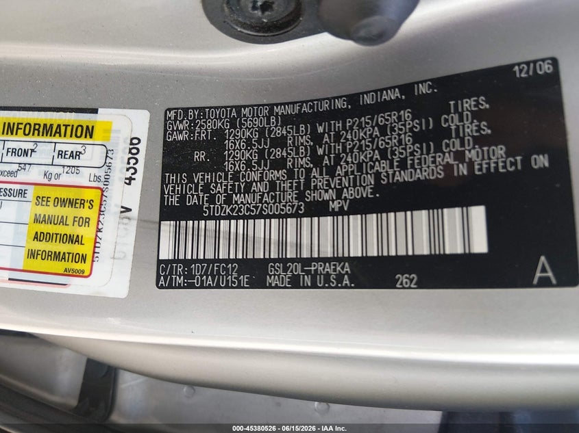 2007 Toyota Sienna VIN 5TDZK23C57S005673 IAAI salvage auction — FRONT END, Salvage (Pennsylvania), sold $400 on 2026-07-10 (photo 9)