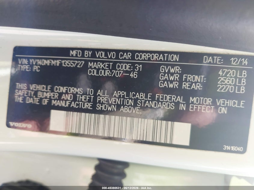 2015 Volvo S60 VIN YV140MFM1F1355727 IAAI salvage auction — NORMAL WEAR, Clear (Florida), sold $1,150 on 2026-07-09 (photo 9)