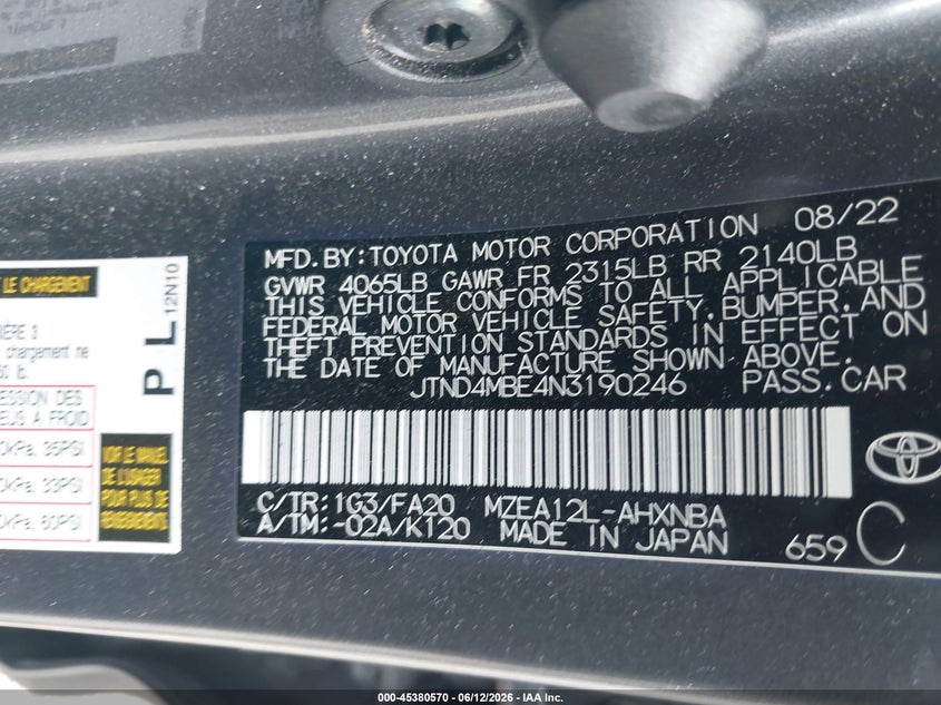 2022 Toyota Corolla VIN JTND4MBE4N3190246 IAAI salvage auction — FRONT END, Salvage Title, sold $3,200 on 2026-07-24 (photo 9)