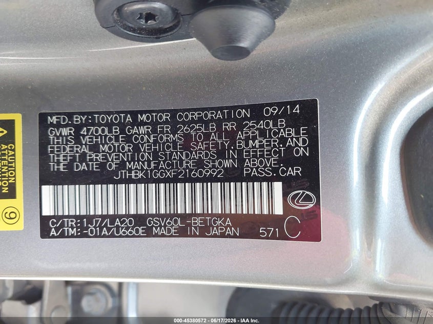 2015 Lexus ES VIN JTHBK1GGXF2160992 IAAI salvage auction — FRONT END, Clear (Texas), sold $3,500 on 2026-07-07 (photo 9)