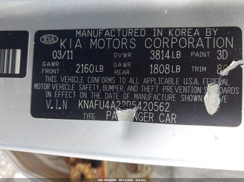 2011 Kia Forte VIN KNAFU4A22B5420562 IAAI salvage auction — NORMAL WEAR, Original (Maine), sold $350 on 2026-07-13 (photo 9)