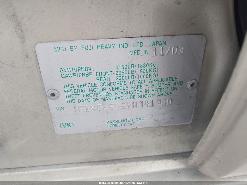 2004 Subaru Forester VIN JF1SG65654H741780 IAAI salvage auction — NORMAL WEAR, Original (Texas), sold $225 on 2026-07-14 (photo 9)
