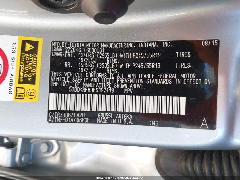 2015 Toyota Highlander VIN 5TDDKRFH3FS192419 IAAI salvage auction — REAR END, Salvage Title, sold $7,600 on 2026-07-17 (photo 9)