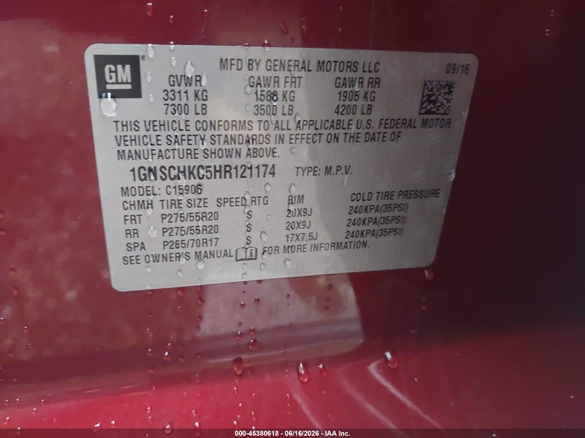2017 Chevrolet Suburban VIN 1GNSCHKC5HR121174 IAAI salvage auction — REAR END, Salvage (Texas), sold $3,800 on 2026-07-11 (photo 9)