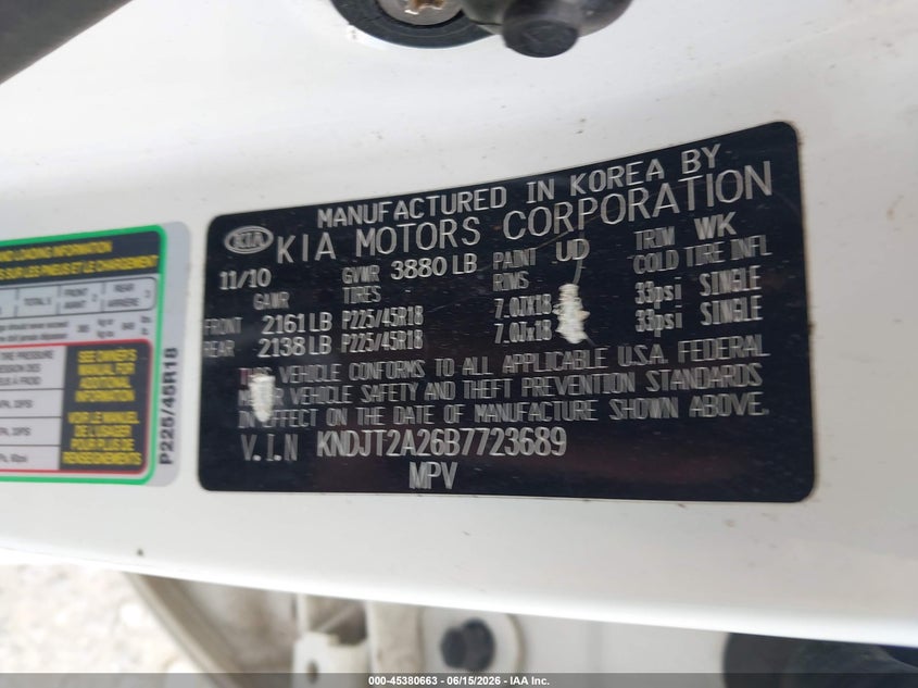 2011 Kia Soul VIN KNDJT2A26B7723689 IAAI salvage auction — BIO HAZARD, Clear (Virginia), sold $300 on 2026-07-28 (photo 9)