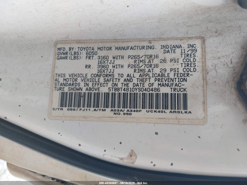 2000 Toyota Tundra VIN 5TBBT4810YS040486 IAAI salvage auction — SIDE, Salvage (Georgia), sold $1,250 on 2026-07-15 (photo 9)