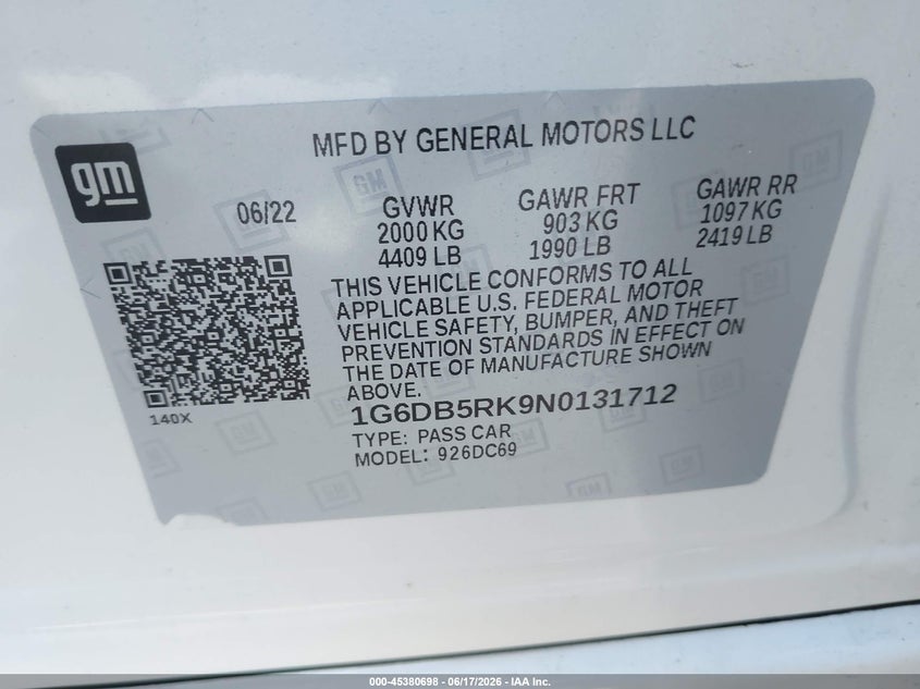 2022 Cadillac Ct4 VIN 1G6DB5RK9N0131712 IAAI salvage auction — FRONT END, Salvage Title, sold $9,600 on 2026-07-21 (photo 9)