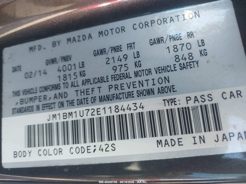 2014 Mazda 3 VIN JM1BM1U72E1184434 IAAI salvage auction — UNKNOWN, Salvage - Less Than 75% (Maryland), sold $1,350 on 2026-07-29 (photo 9)