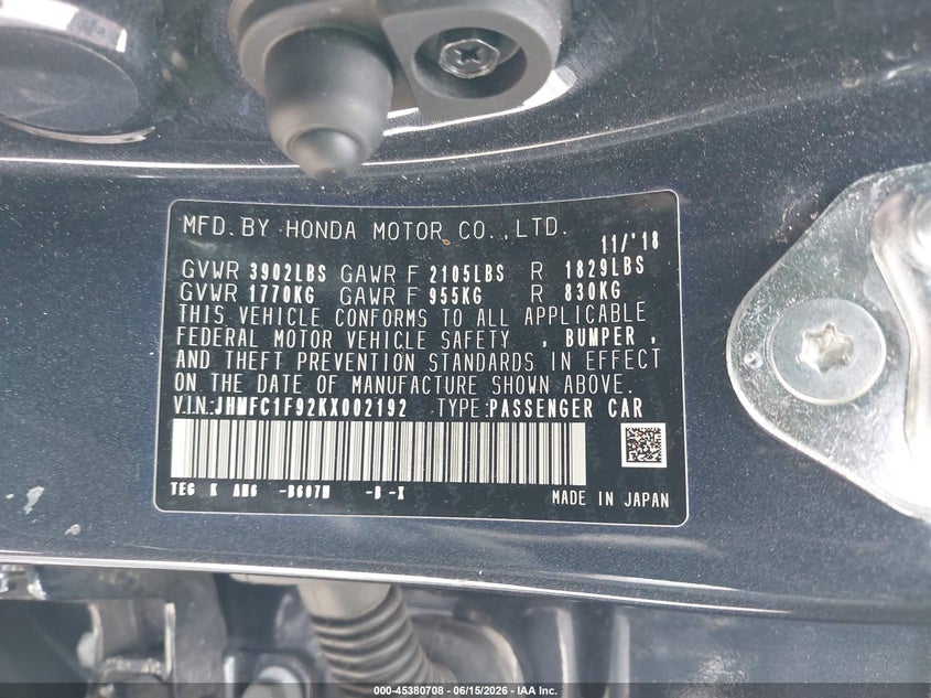 2019 Honda Civic VIN JHMFC1F92KX002192 IAAI salvage auction — LEFT SIDE, Rebuildable (Florida), sold $5,200 on 2026-07-07 (photo 9)