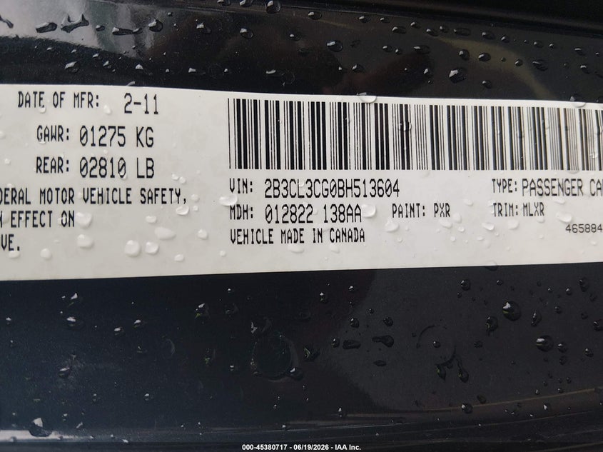 2011 Dodge Charger VIN 2B3CL3CG0BH513604 IAAI salvage auction — SIDE, Salvage (South Carolina), sold $375 on 2026-07-19 (photo 9)